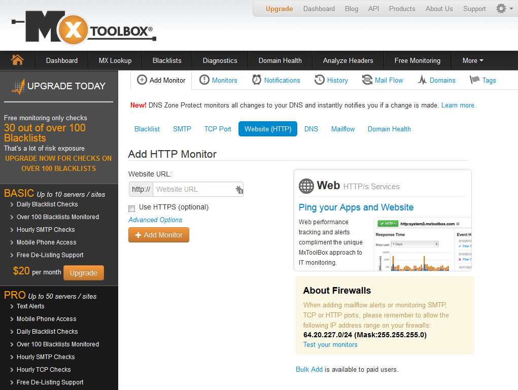 MxToolbox Add HTTP Monitor